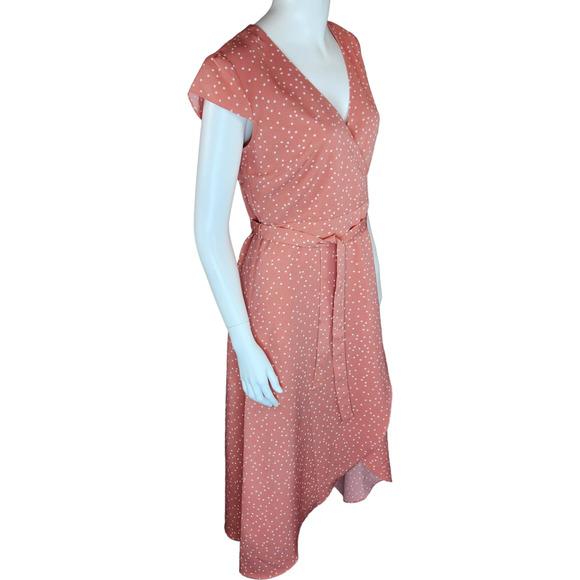 Madison Womens Medium Peach Polka Dot Wrap Dress With Belt V-Neck Short Sleeve - Picture 10 of 12